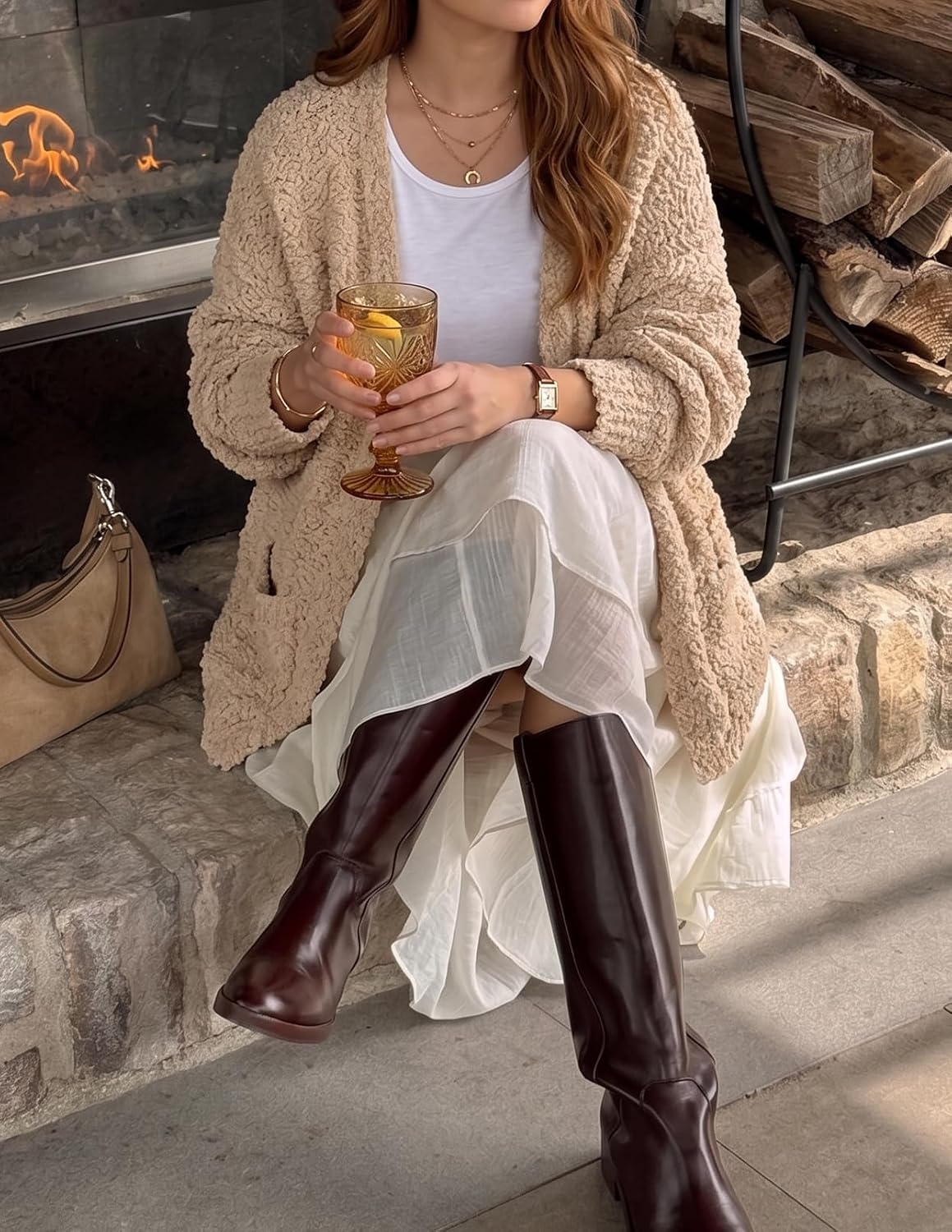 image:imageMEROKEETY Womens Fuzzy Popcorn Oversized Sherpa Chenille Cardigan SweatersSand