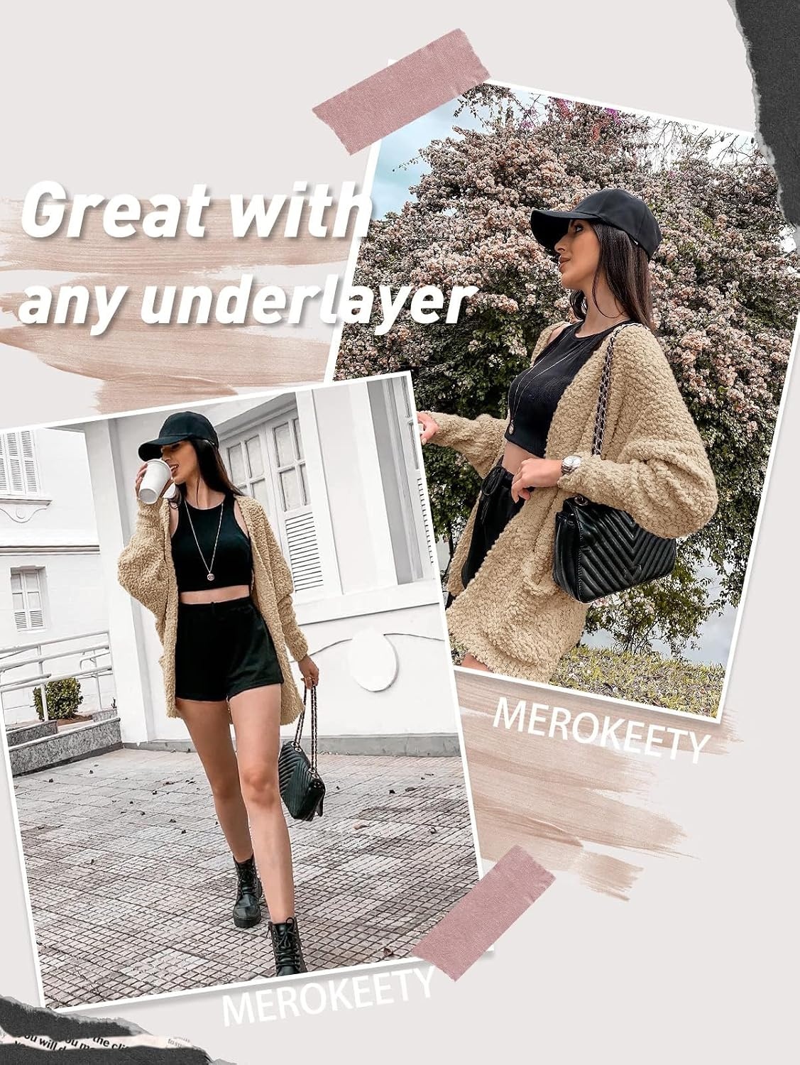 image:imageMEROKEETY Womens Fuzzy Popcorn Oversized Sherpa Chenille Cardigan SweatersSand