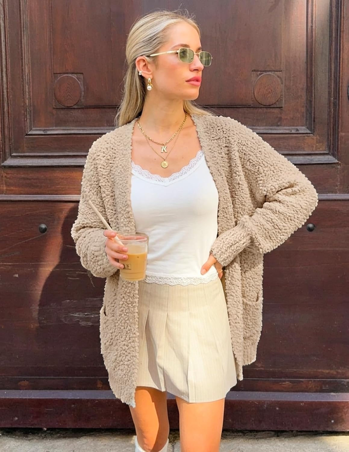 image:imageMEROKEETY Womens Fuzzy Popcorn Oversized Sherpa Chenille Cardigan SweatersSand