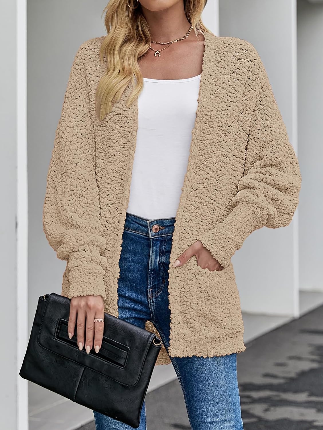image:imageMEROKEETY Womens Fuzzy Popcorn Oversized Sherpa Chenille Cardigan SweatersSand