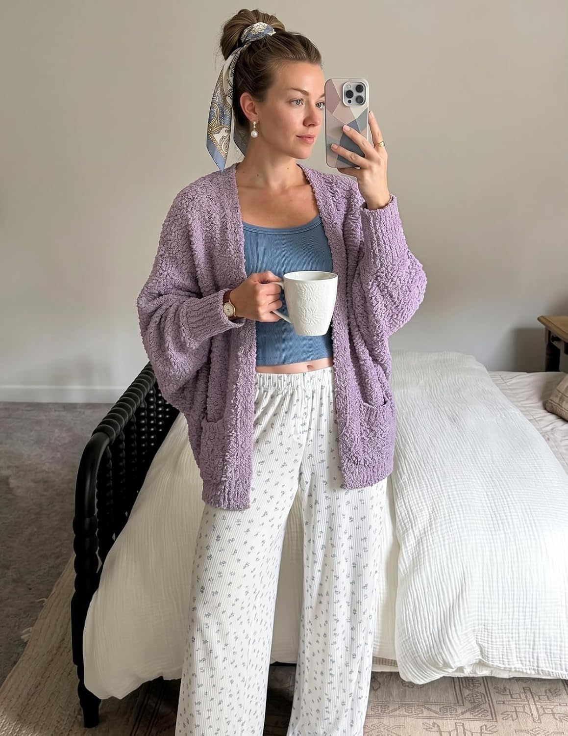 image:imageMEROKEETY Womens Fuzzy Popcorn Oversized Sherpa Chenille Cardigan SweatersTaro