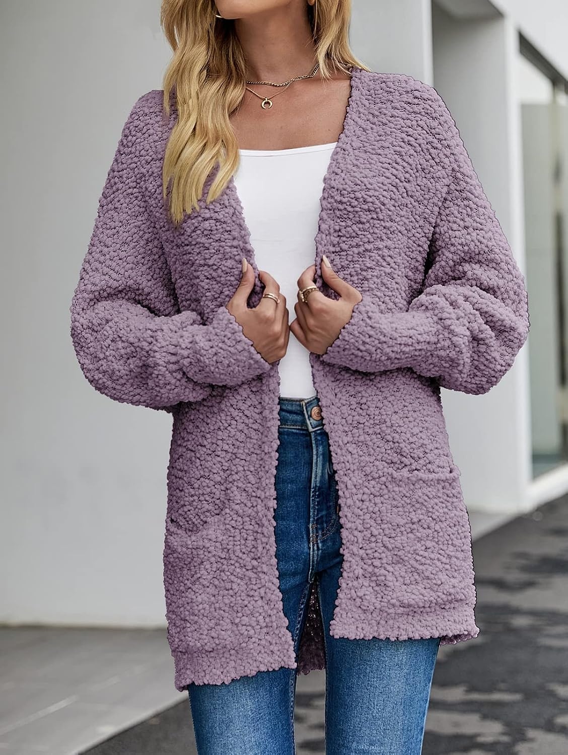 image:imageMEROKEETY Womens Fuzzy Popcorn Oversized Sherpa Chenille Cardigan SweatersTaro