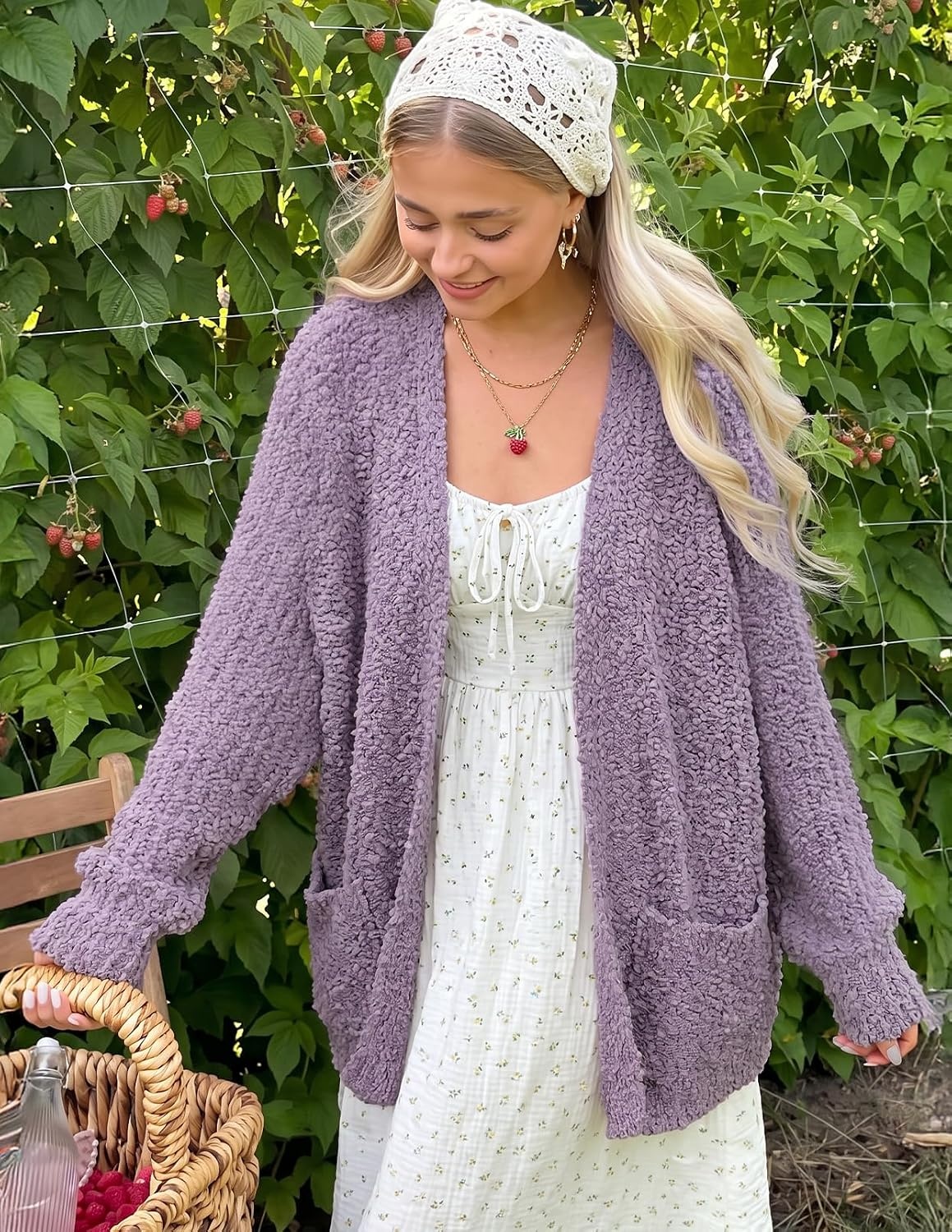 image:imageMEROKEETY Womens Fuzzy Popcorn Oversized Sherpa Chenille Cardigan SweatersTaro