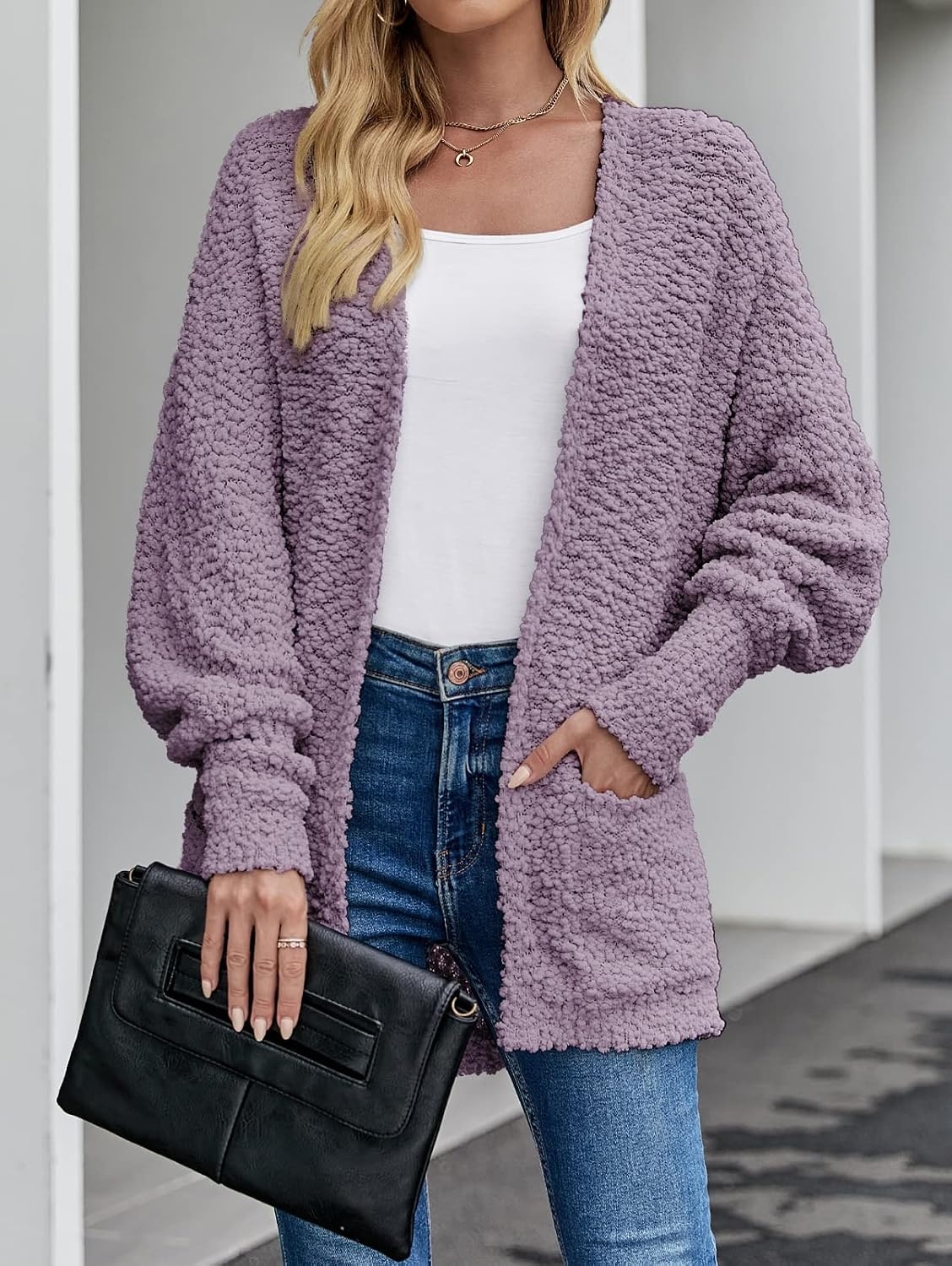 image:imageMEROKEETY Womens Fuzzy Popcorn Oversized Sherpa Chenille Cardigan SweatersTaro