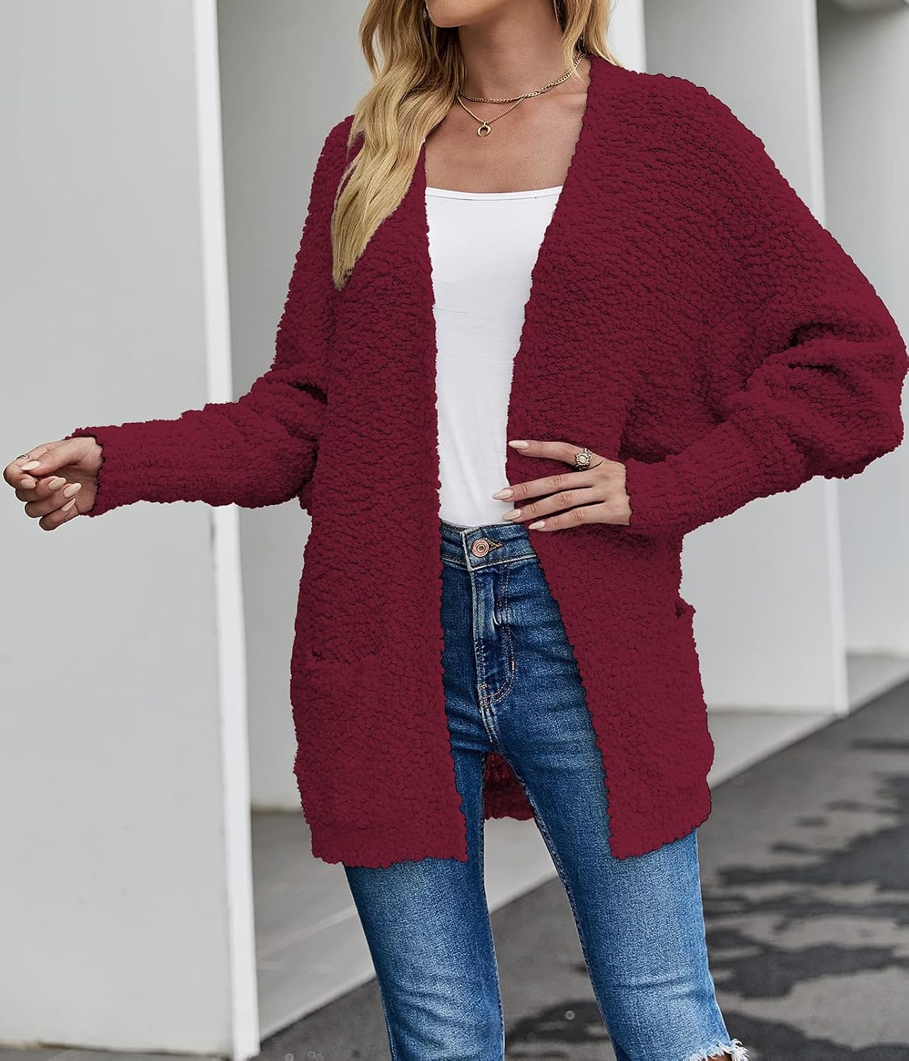 image:imageMEROKEETY Womens Fuzzy Popcorn Oversized Sherpa Chenille Cardigan SweatersWine