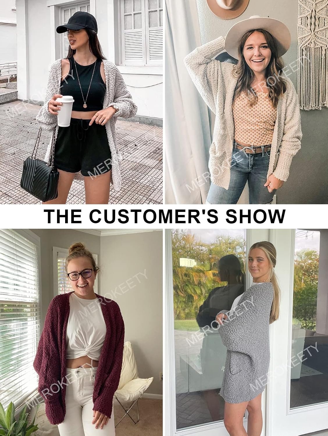 image:imageMEROKEETY Womens Fuzzy Popcorn Oversized Sherpa Chenille Cardigan SweatersWine