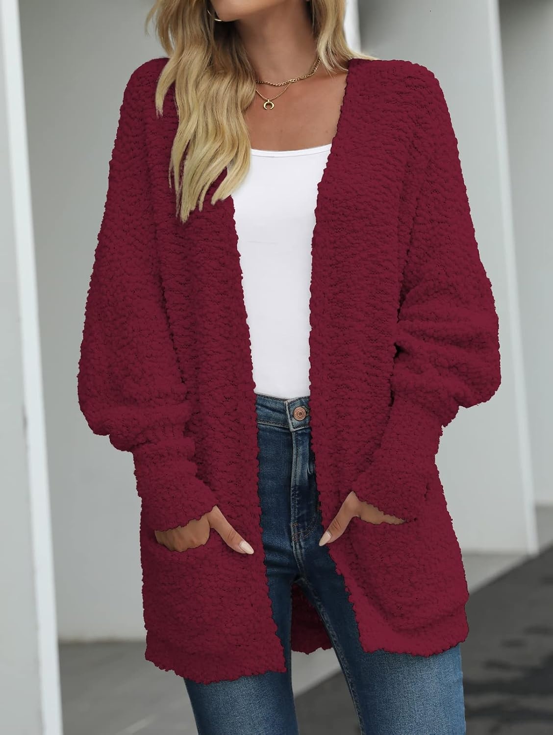 image:imageMEROKEETY Womens Fuzzy Popcorn Oversized Sherpa Chenille Cardigan SweatersWine