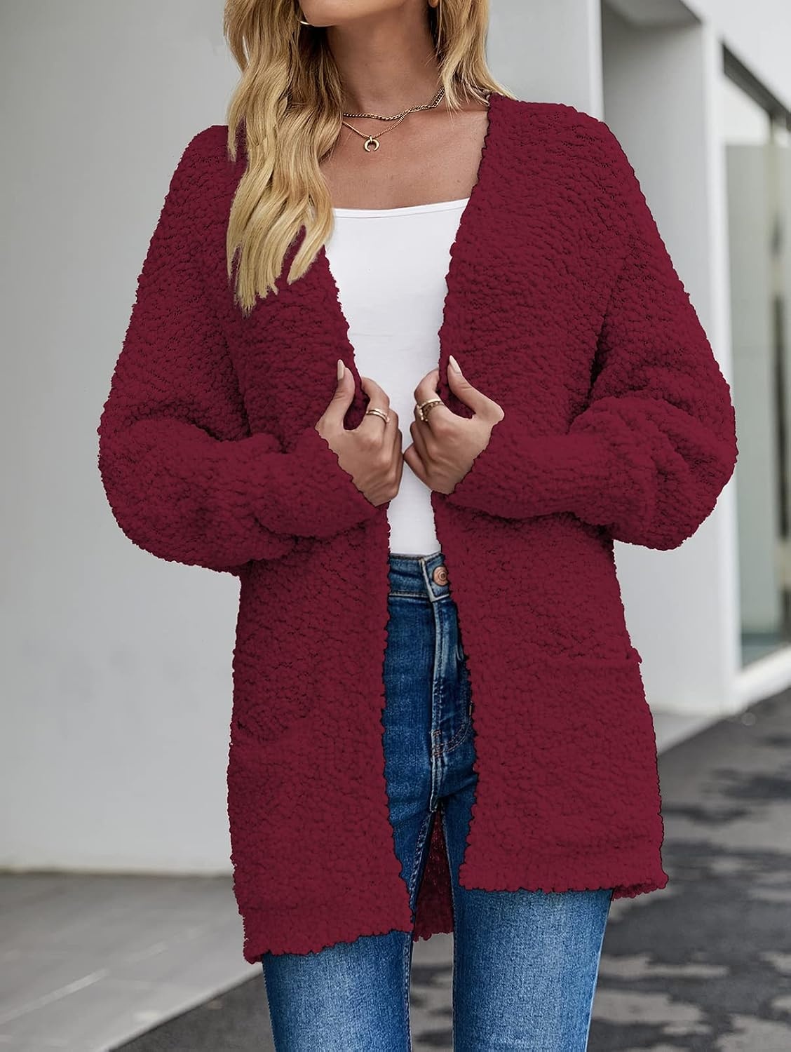 image:imageMEROKEETY Womens Fuzzy Popcorn Oversized Sherpa Chenille Cardigan SweatersWine
