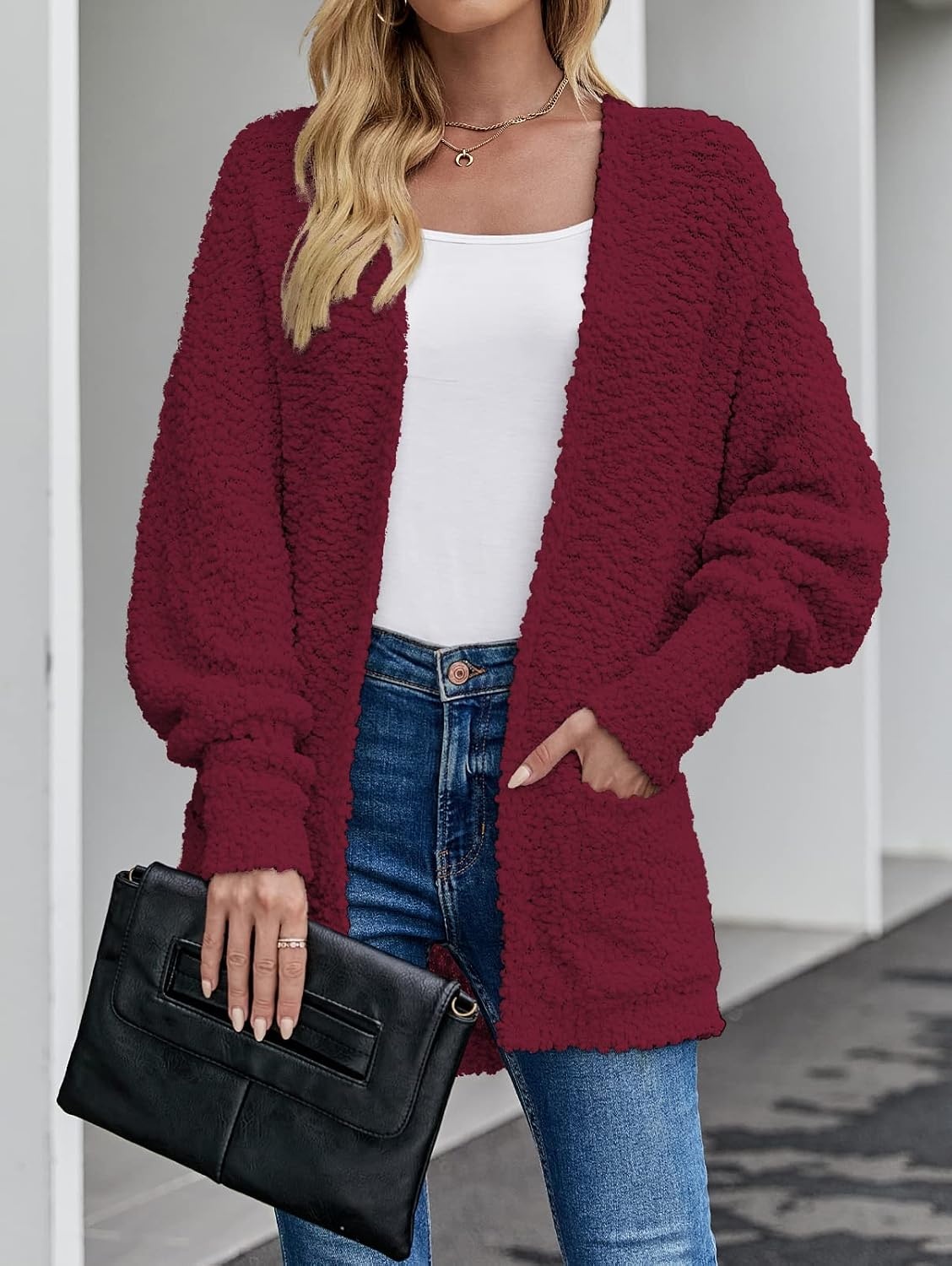 image:imageMEROKEETY Womens Fuzzy Popcorn Oversized Sherpa Chenille Cardigan SweatersWine
