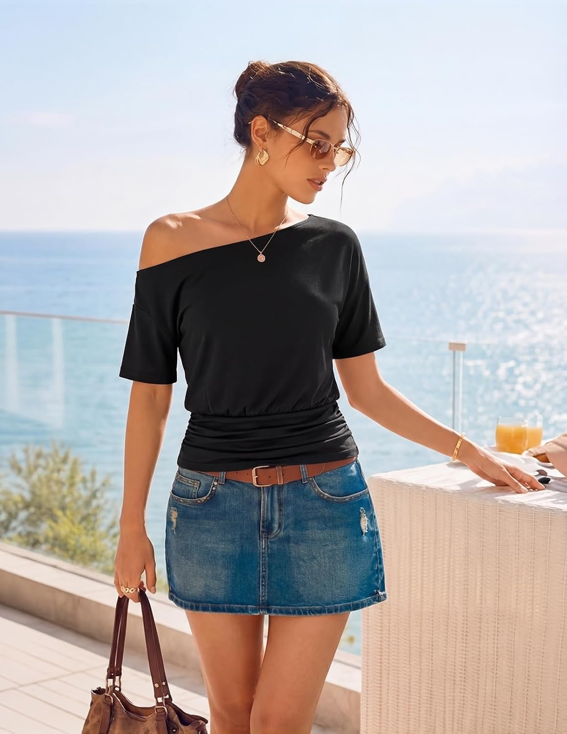 image:imageMEROKEETY Womens Off The Shoulder Summer Short Sleeve Going Out Y2k TopsBlack