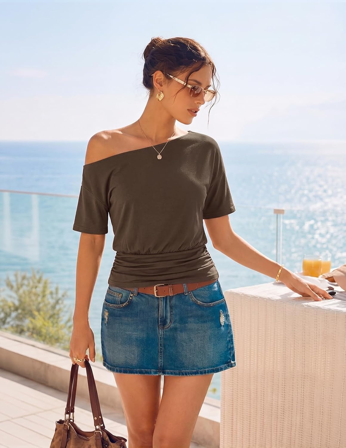 image:imageMEROKEETY Womens Off The Shoulder Summer Short Sleeve Going Out Y2k TopsBrown