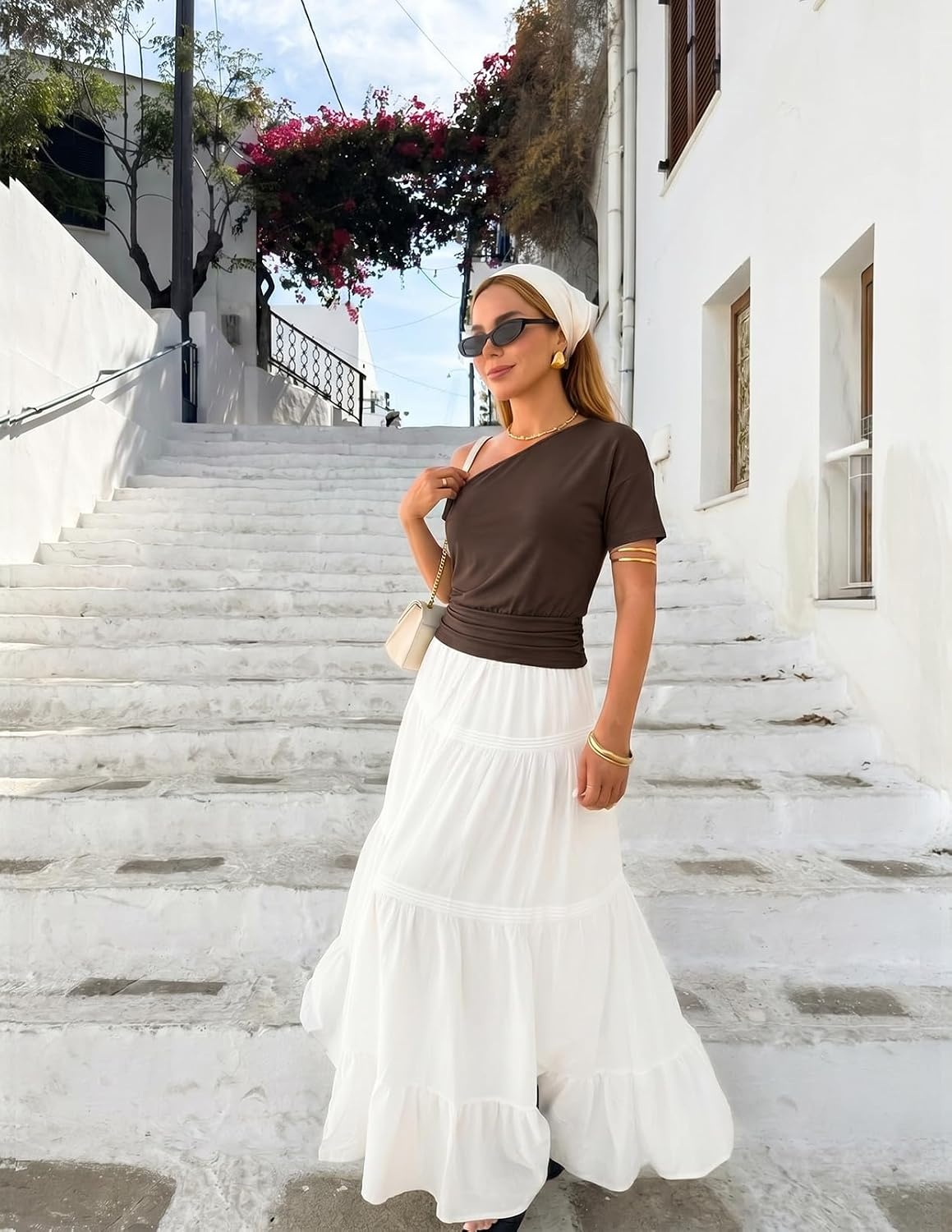 image:imageMEROKEETY Womens Off The Shoulder Summer Short Sleeve Going Out Y2k TopsChocolate