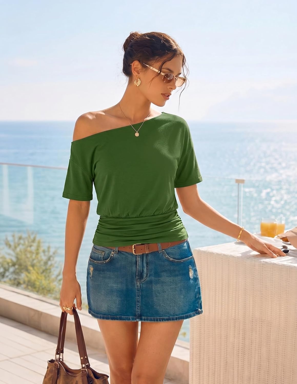 image:imageMEROKEETY Womens Off The Shoulder Summer Short Sleeve Going Out Y2k TopsGreen