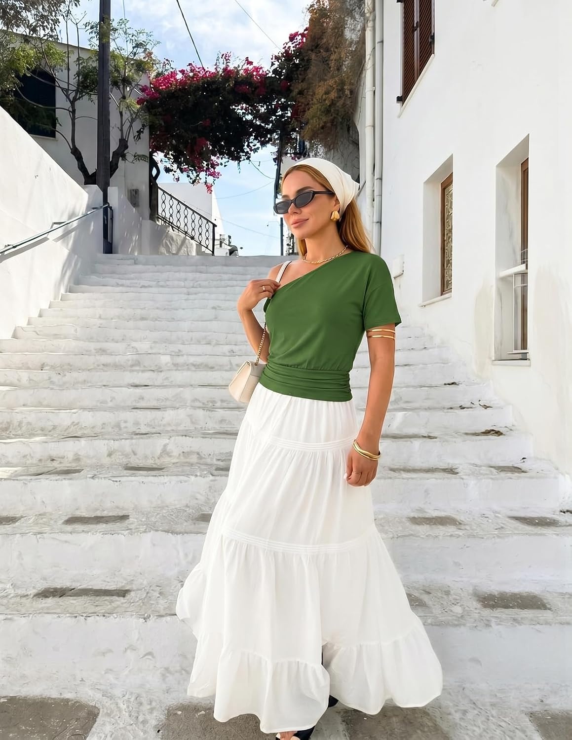 image:imageMEROKEETY Womens Off The Shoulder Summer Short Sleeve Going Out Y2k TopsGreen
