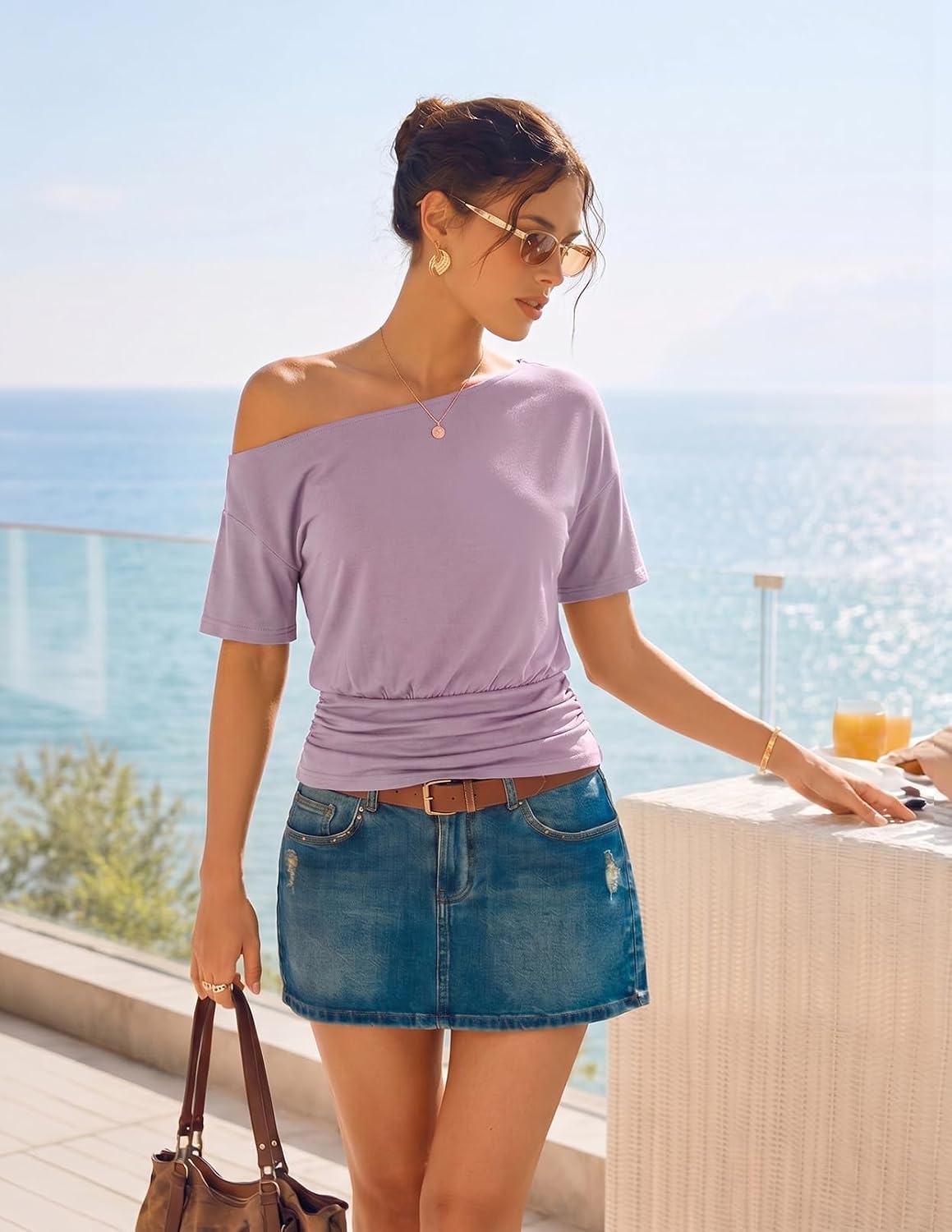 image:imageMEROKEETY Womens Off The Shoulder Summer Short Sleeve Going Out Y2k TopsLightpurple