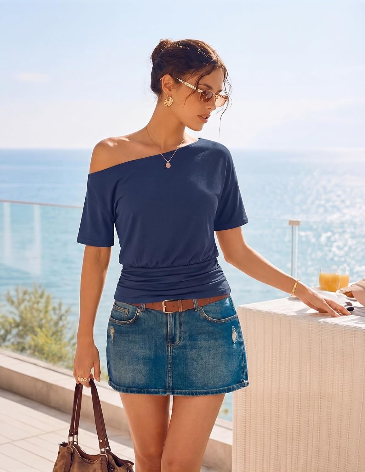 image:imageMEROKEETY Womens Off The Shoulder Summer Short Sleeve Going Out Y2k TopsNavy