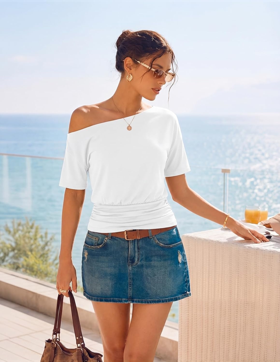 image:imageMEROKEETY Womens Off The Shoulder Summer Short Sleeve Going Out Y2k TopsWhite