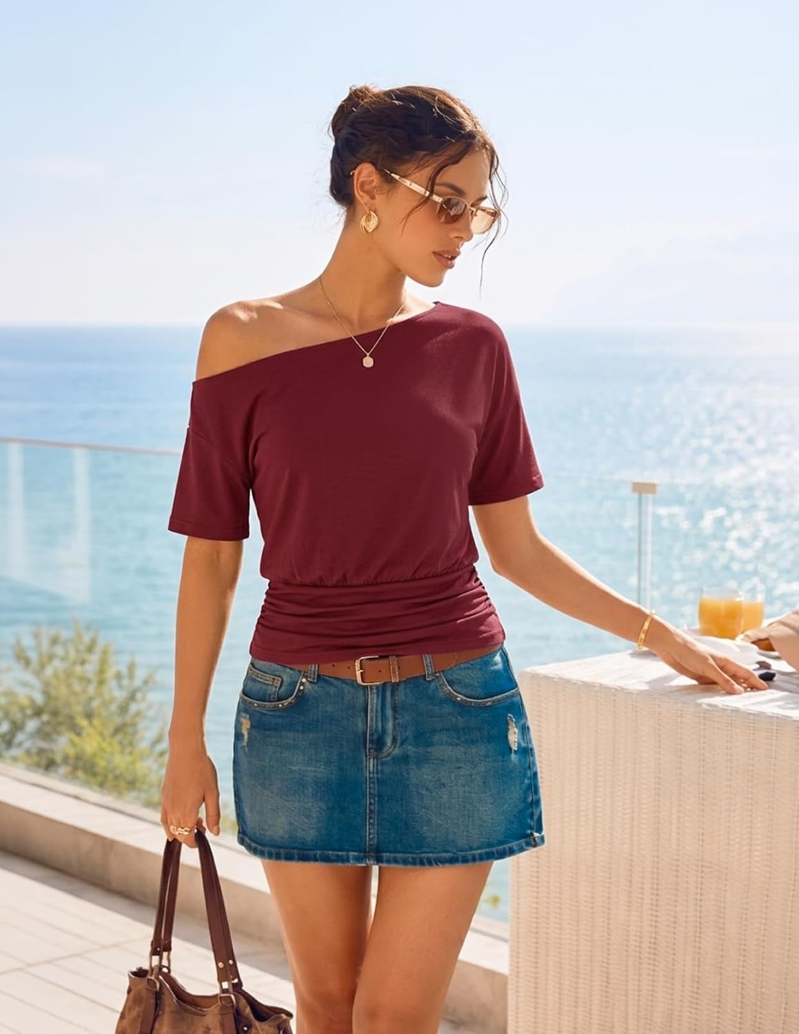 image:imageMEROKEETY Womens Off The Shoulder Summer Short Sleeve Going Out Y2k TopsWine