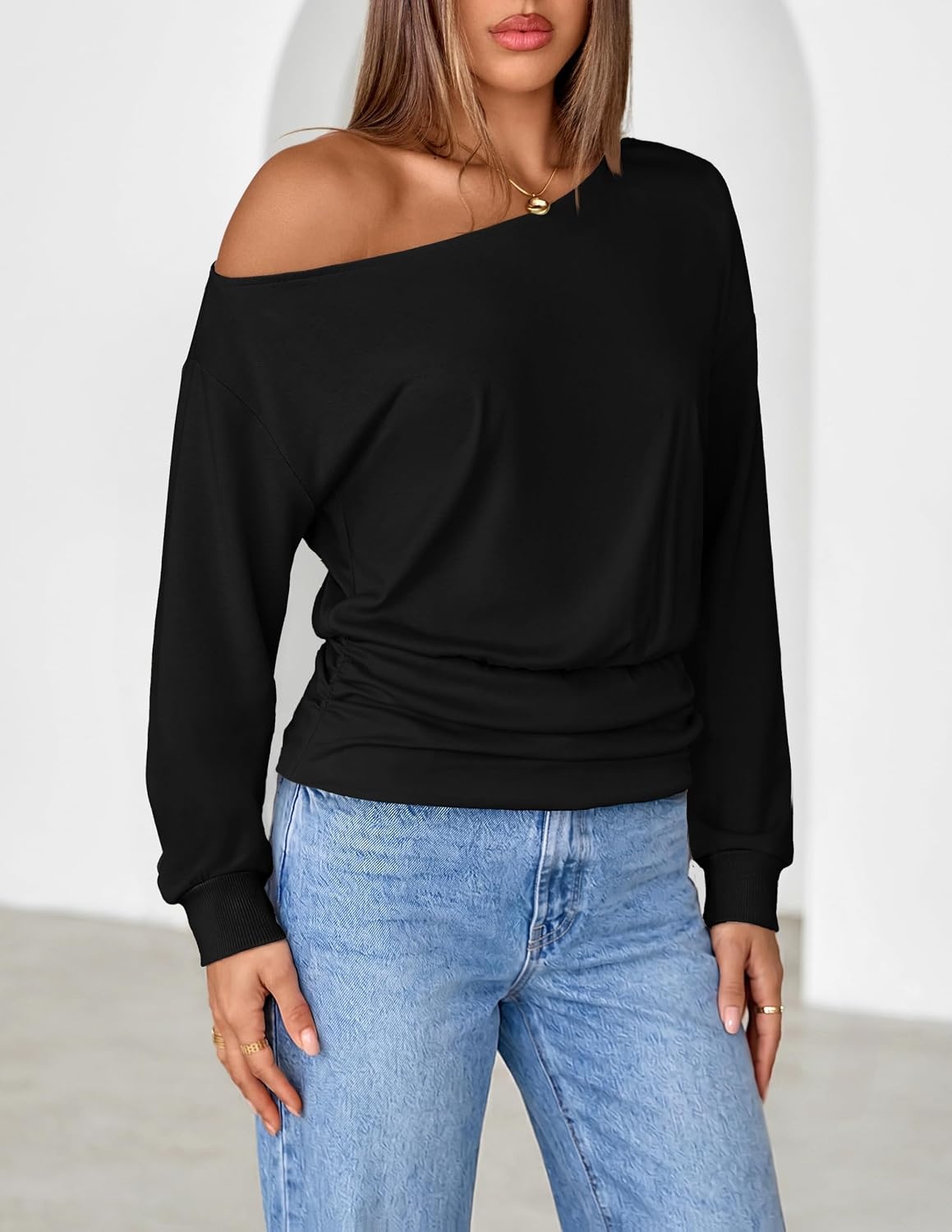 image:imageMEROKEETY Womens Off The Shoulder Tops Long Sleeve Fall Going Out ShirtsBlack