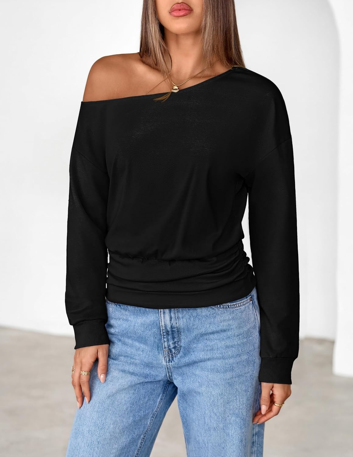 image:imageMEROKEETY Womens Off The Shoulder Tops Long Sleeve Fall Going Out ShirtsBlack
