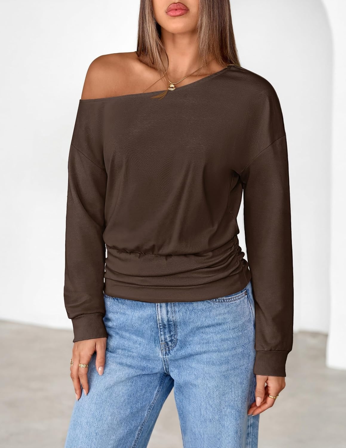 image:imageMEROKEETY Womens Off The Shoulder Tops Long Sleeve Fall Going Out ShirtsChocolate