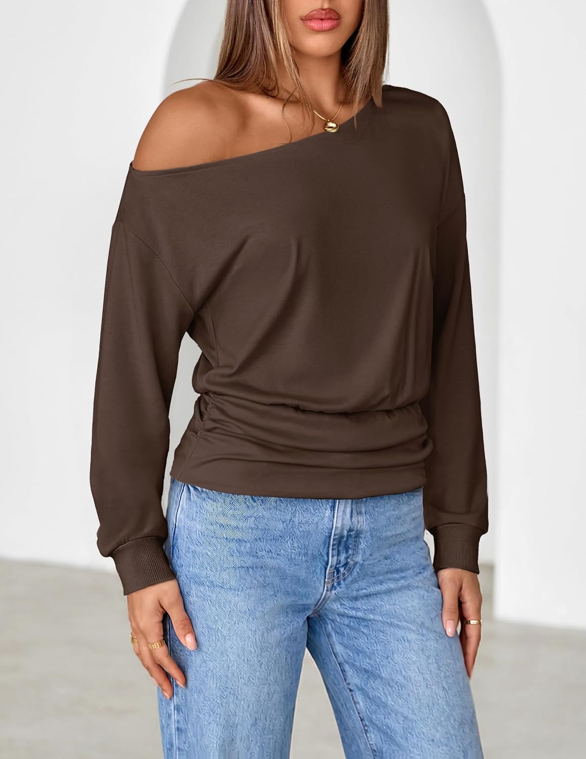 image:imageMEROKEETY Womens Off The Shoulder Tops Long Sleeve Fall Going Out ShirtsChocolate