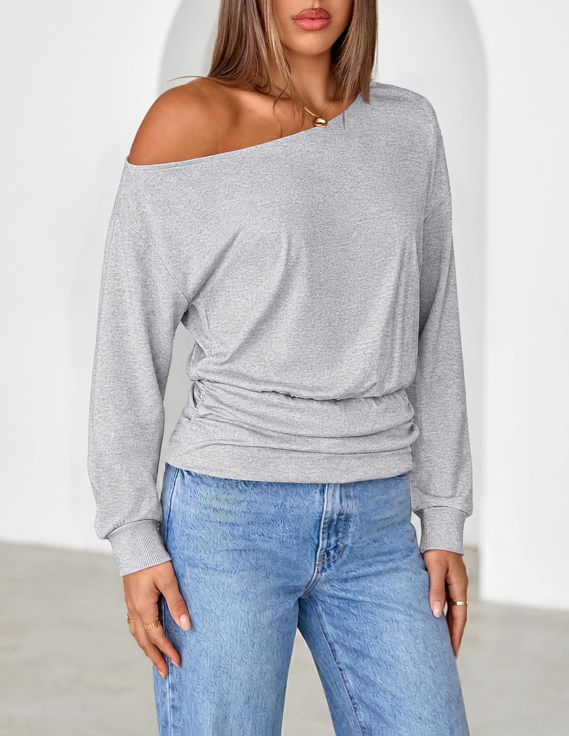 image:imageMEROKEETY Womens Off The Shoulder Tops Long Sleeve Fall Going Out ShirtsGrey