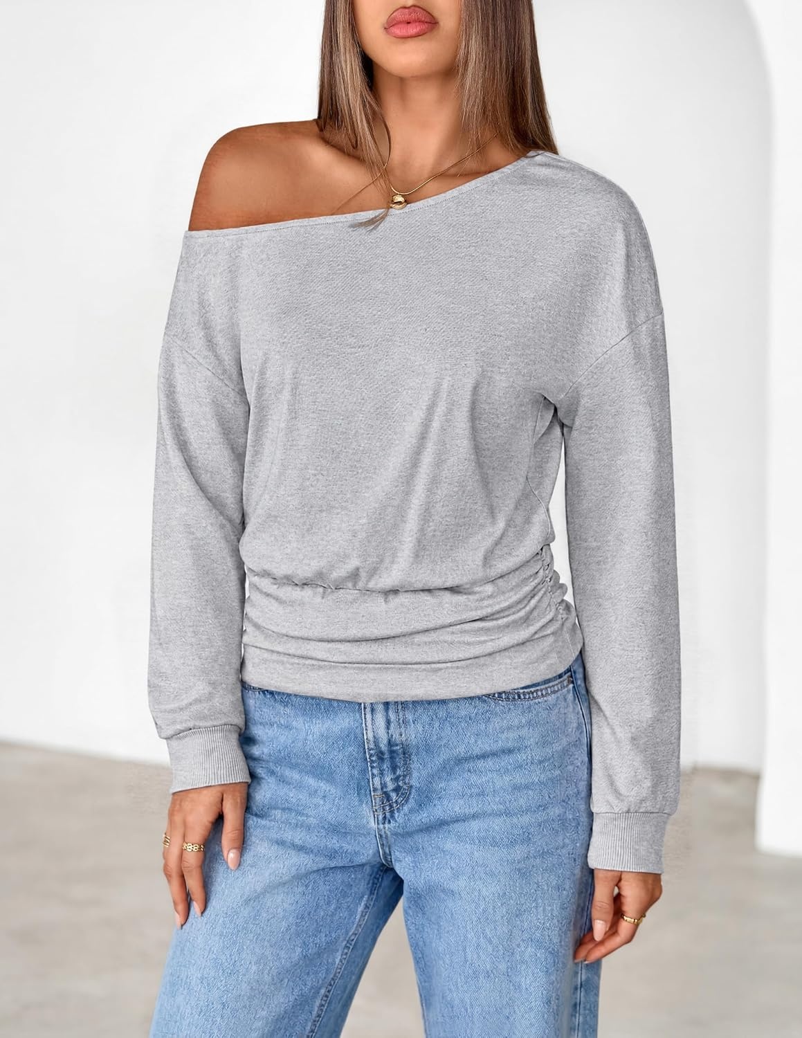 image:imageMEROKEETY Womens Off The Shoulder Tops Long Sleeve Fall Going Out ShirtsGrey