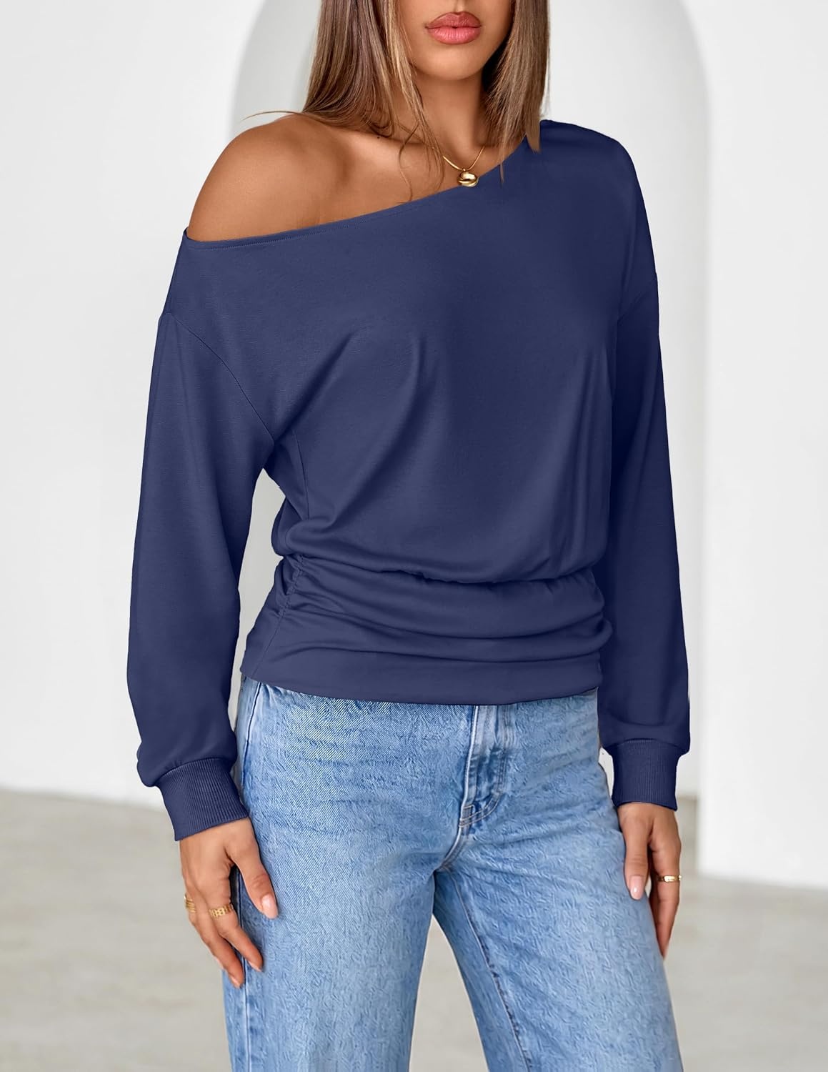 image:imageMEROKEETY Womens Off The Shoulder Tops Long Sleeve Fall Going Out ShirtsNavy