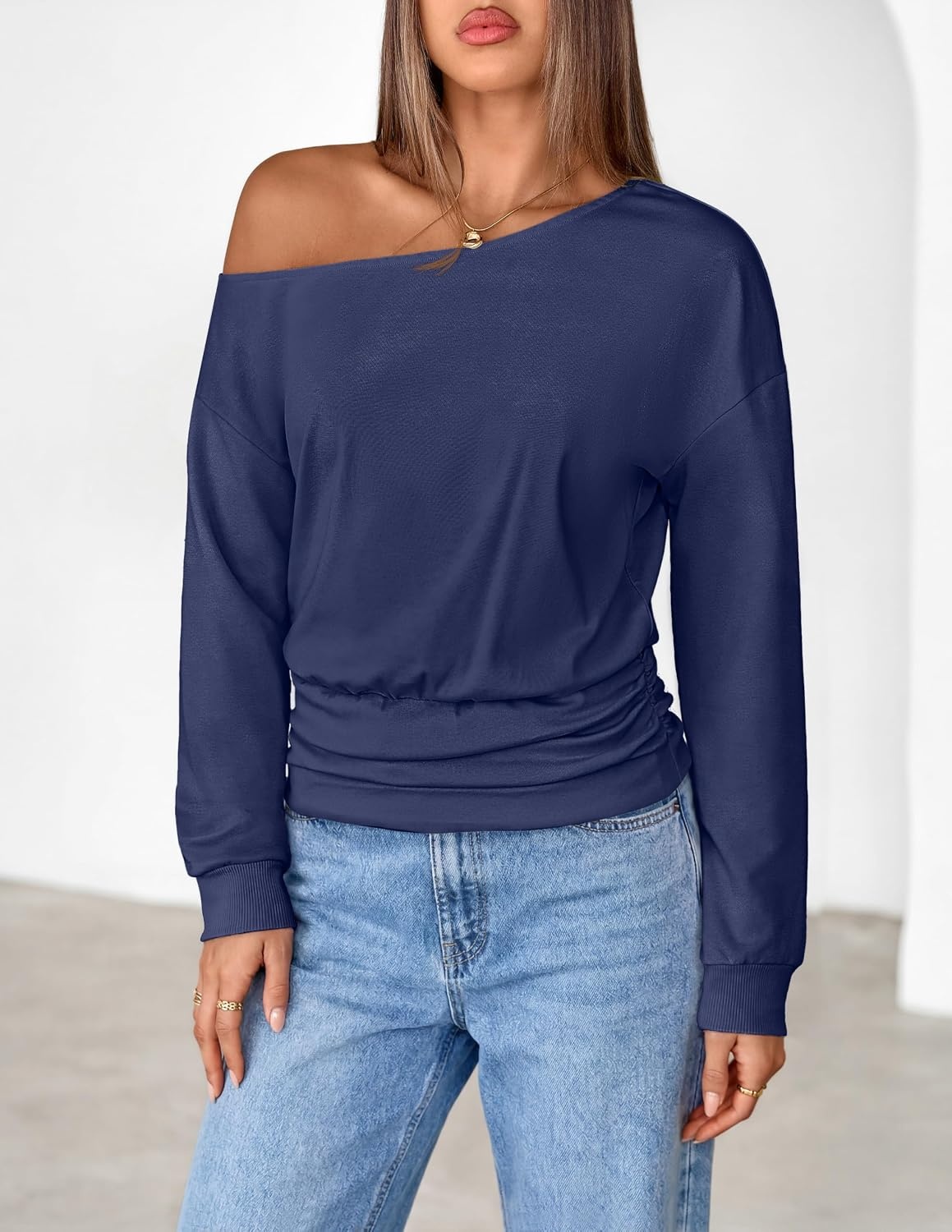 image:imageMEROKEETY Womens Off The Shoulder Tops Long Sleeve Fall Going Out ShirtsNavy