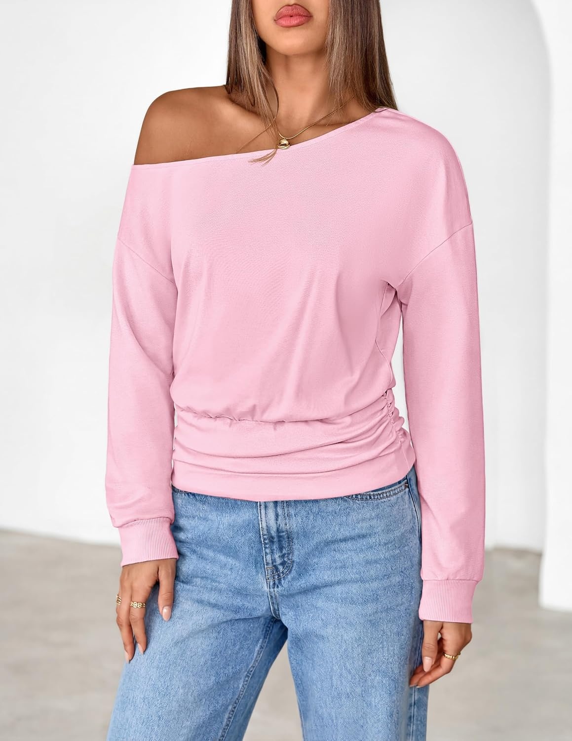 image:imageMEROKEETY Womens Off The Shoulder Tops Long Sleeve Fall Going Out ShirtsPink