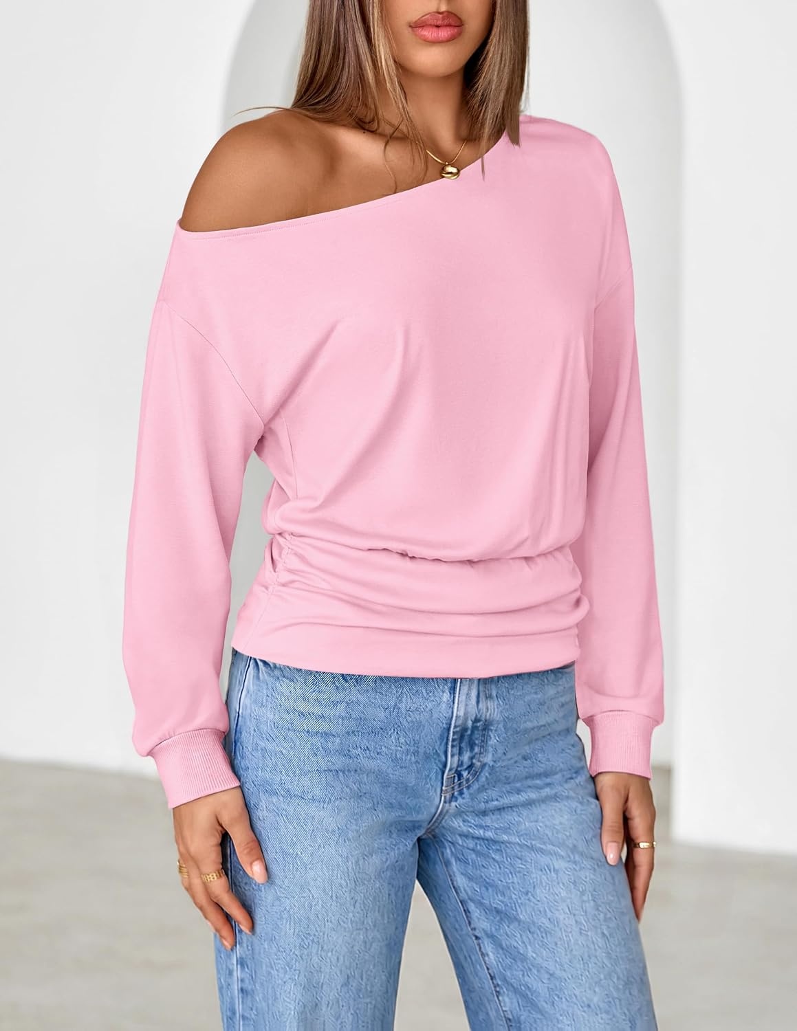 image:imageMEROKEETY Womens Off The Shoulder Tops Long Sleeve Fall Going Out ShirtsPink