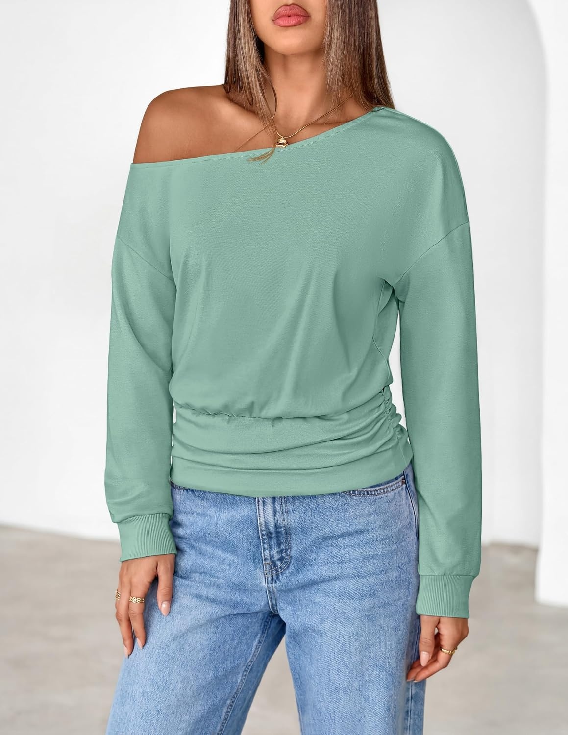 image:imageMEROKEETY Womens Off The Shoulder Tops Long Sleeve Fall Going Out ShirtsSage