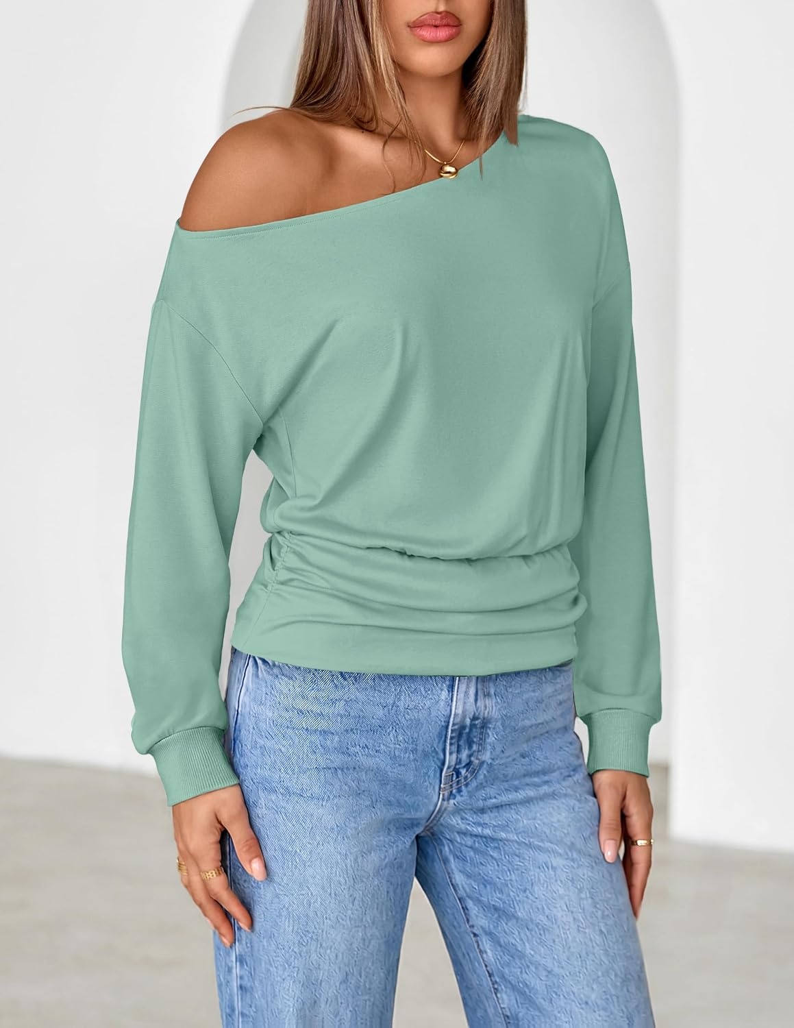 image:imageMEROKEETY Womens Off The Shoulder Tops Long Sleeve Fall Going Out ShirtsSage