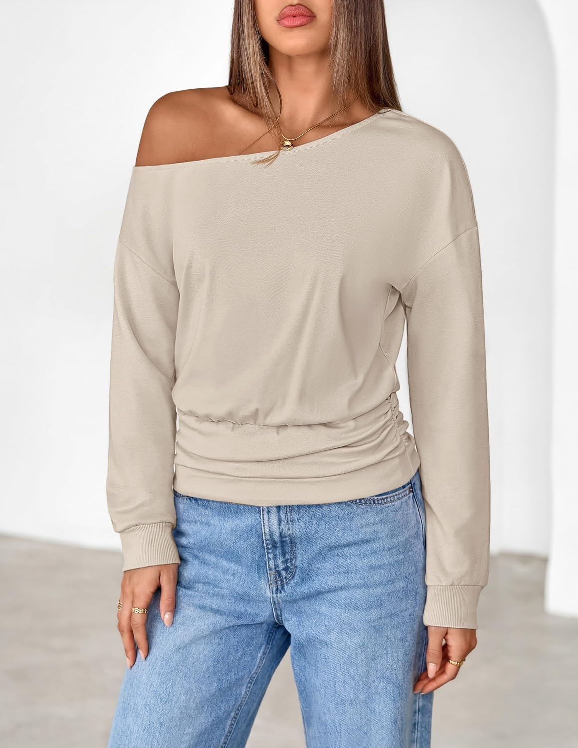 image:imageMEROKEETY Womens Off The Shoulder Tops Long Sleeve Fall Going Out ShirtsSand