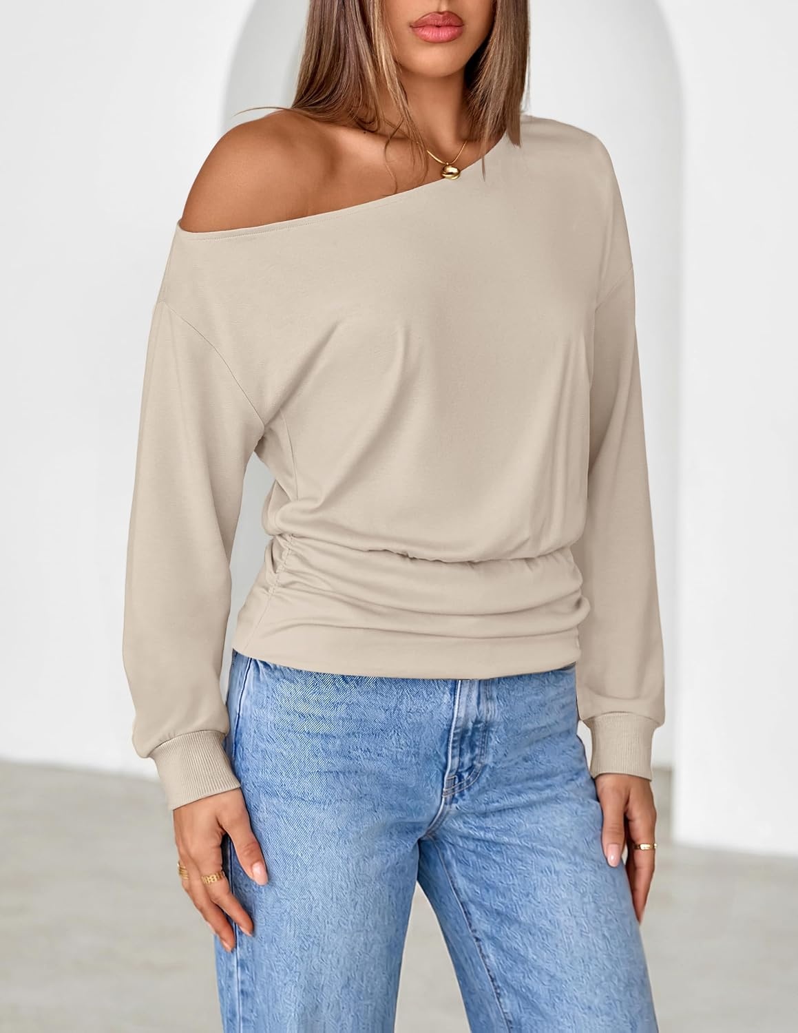 image:imageMEROKEETY Womens Off The Shoulder Tops Long Sleeve Fall Going Out ShirtsSand