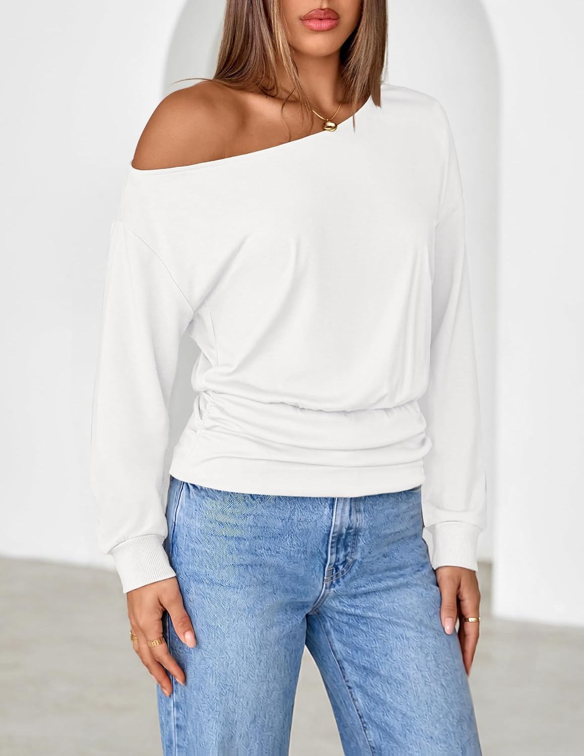 image:imageMEROKEETY Womens Off The Shoulder Tops Long Sleeve Fall Going Out ShirtsWhite
