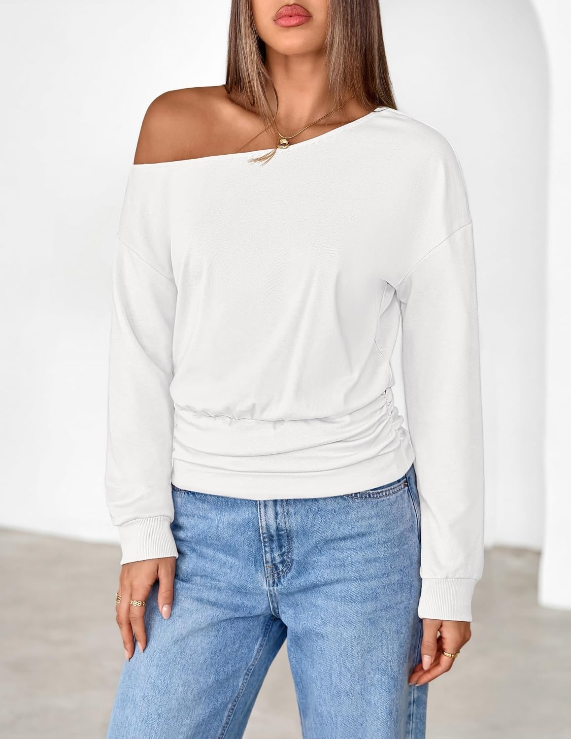 image:imageMEROKEETY Womens Off The Shoulder Tops Long Sleeve Fall Going Out ShirtsWhite