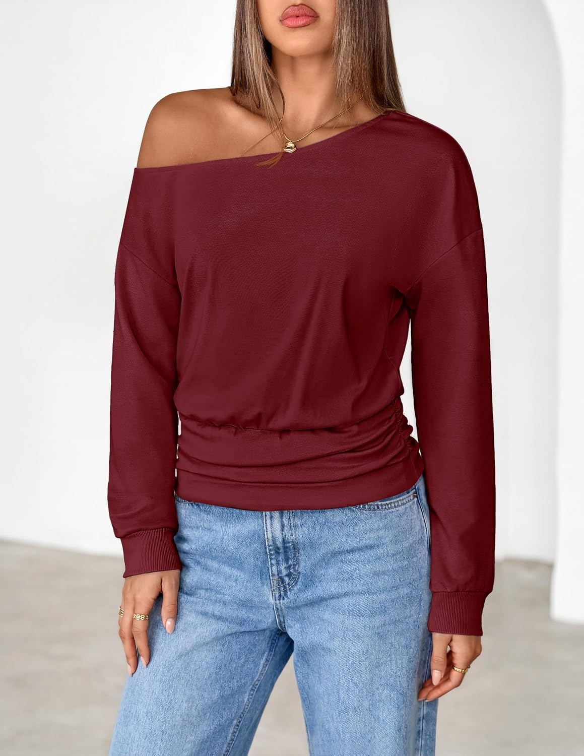 image:imageMEROKEETY Womens Off The Shoulder Tops Long Sleeve Fall Going Out ShirtsWine