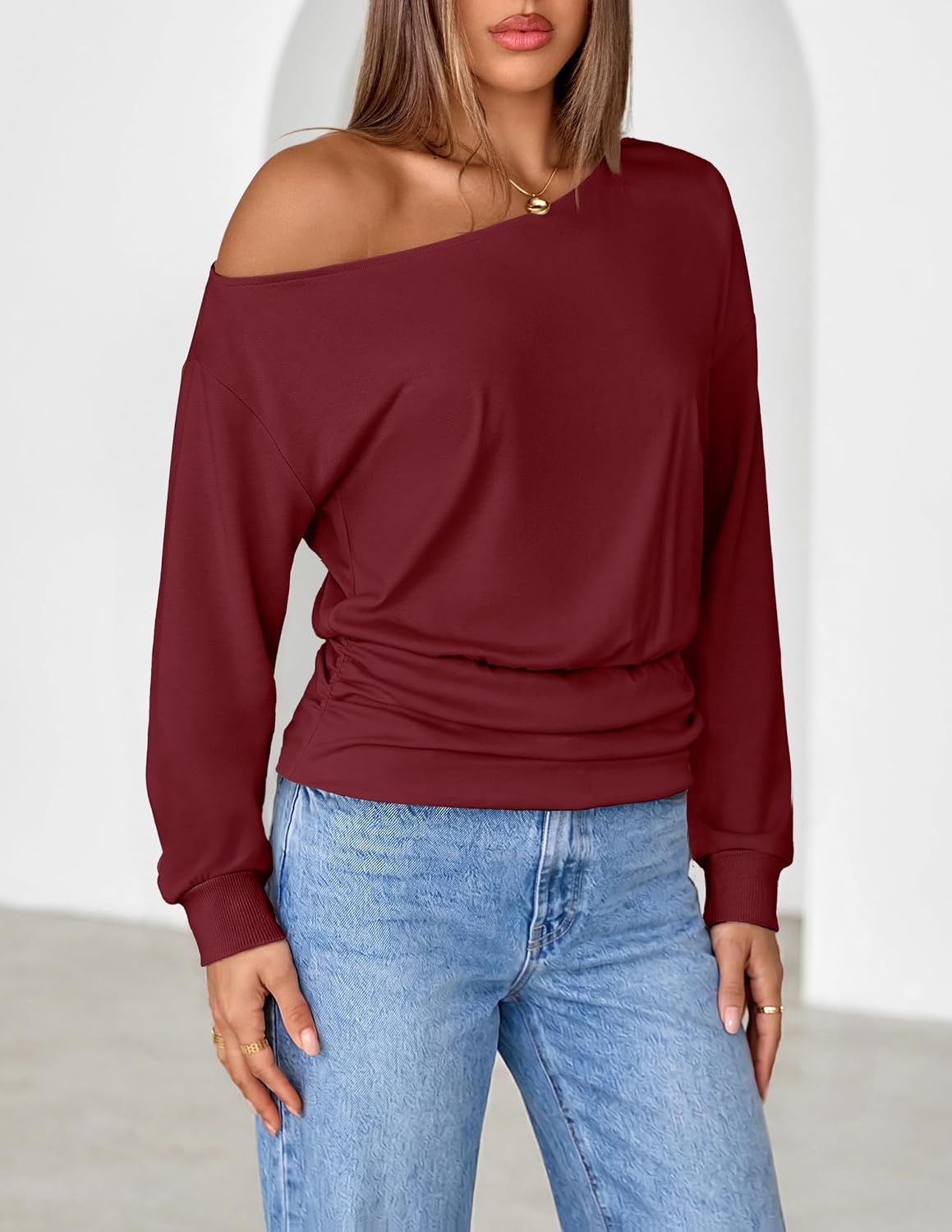 image:imageMEROKEETY Womens Off The Shoulder Tops Long Sleeve Fall Going Out ShirtsWine