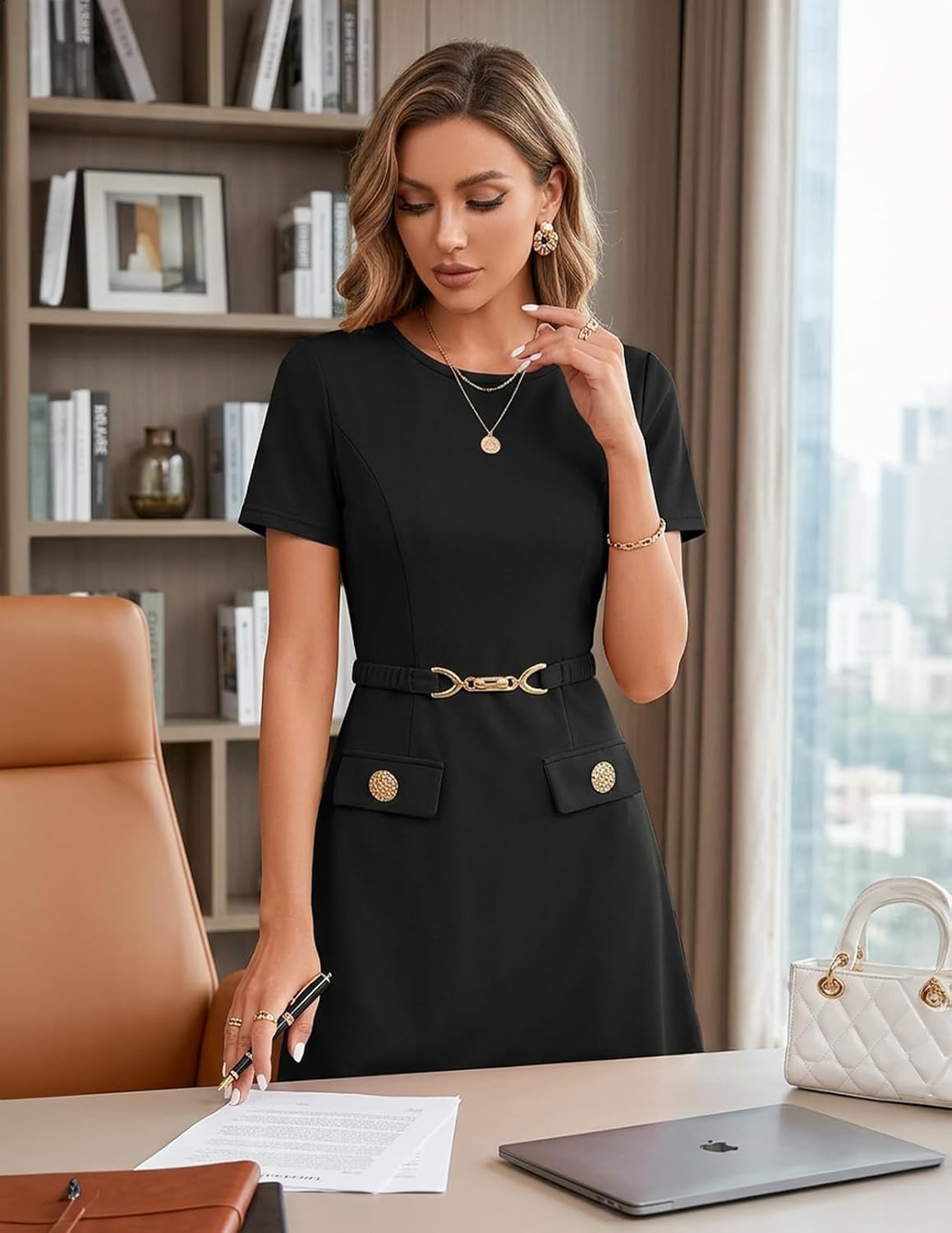 image:imageMEROKEETY Womens Summer Business Casual Work Office Mini DressBlack