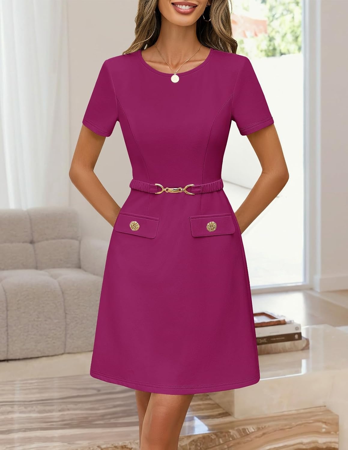 image:imageMEROKEETY Womens Summer Business Casual Work Office Mini DressFuchsia
