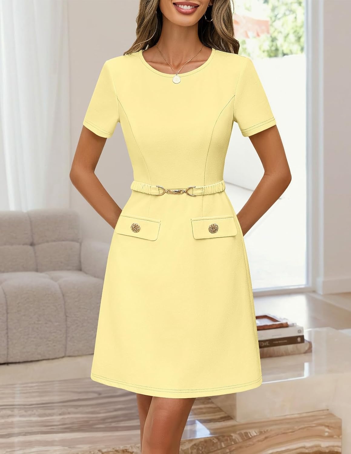 image:imageMEROKEETY Womens Summer Business Casual Work Office Mini DressYellow