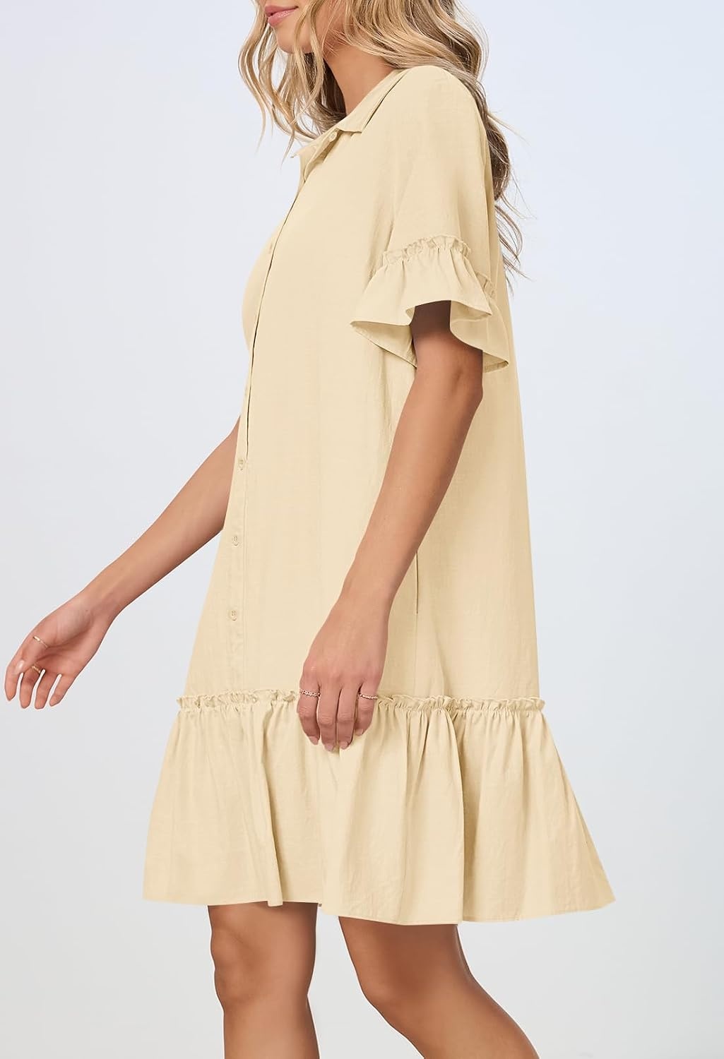 image:imageMEROKEETY Womens Summer Casual Tshirt Dress Button Down Shift Mini DressesBeige