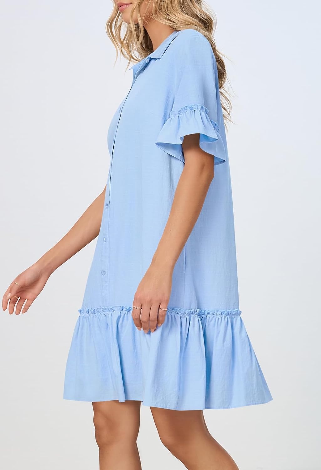 image:imageMEROKEETY Womens Summer Casual Tshirt Dress Button Down Shift Mini DressesBlue
