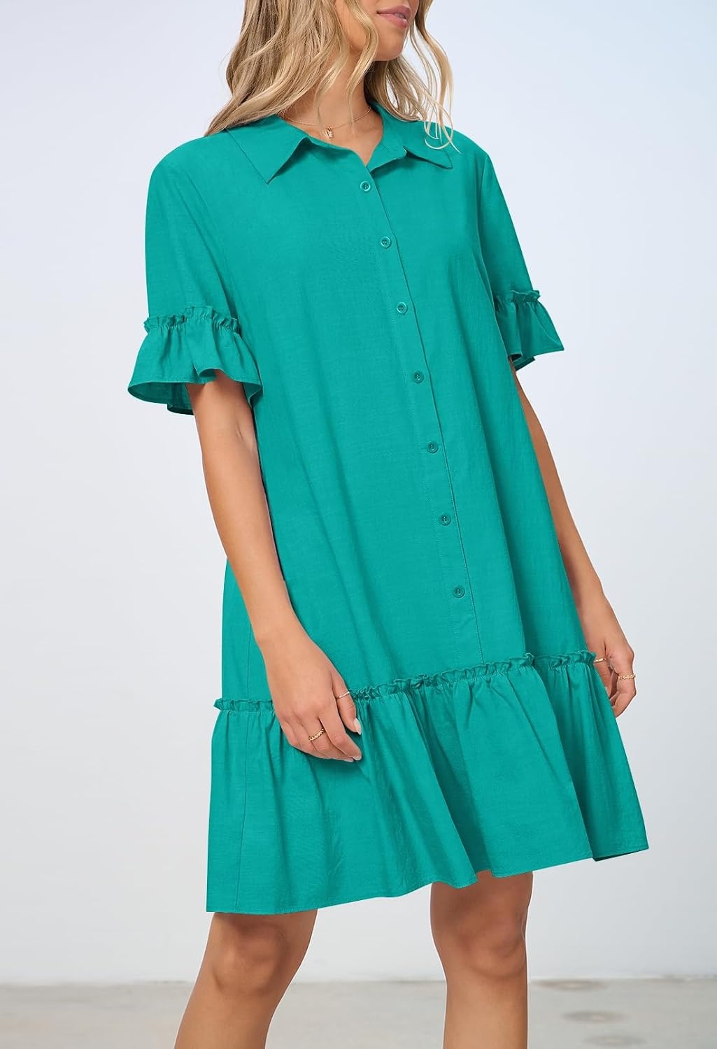 image:imageMEROKEETY Womens Summer Casual Tshirt Dress Button Down Shift Mini DressesLake Green