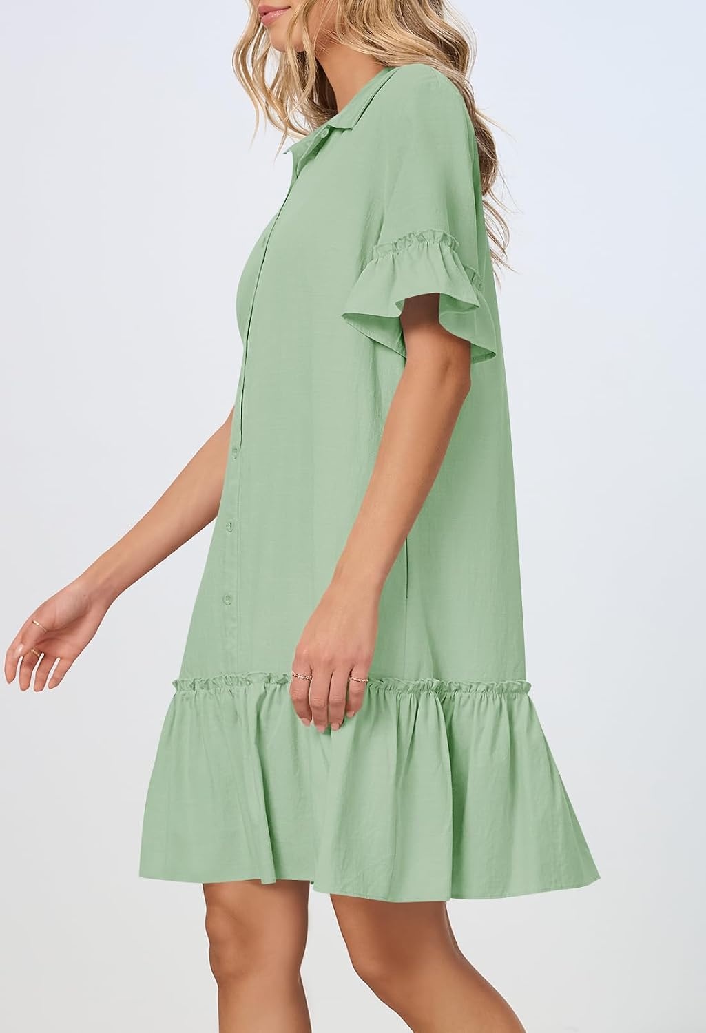image:imageMEROKEETY Womens Summer Casual Tshirt Dress Button Down Shift Mini DressesLight Green