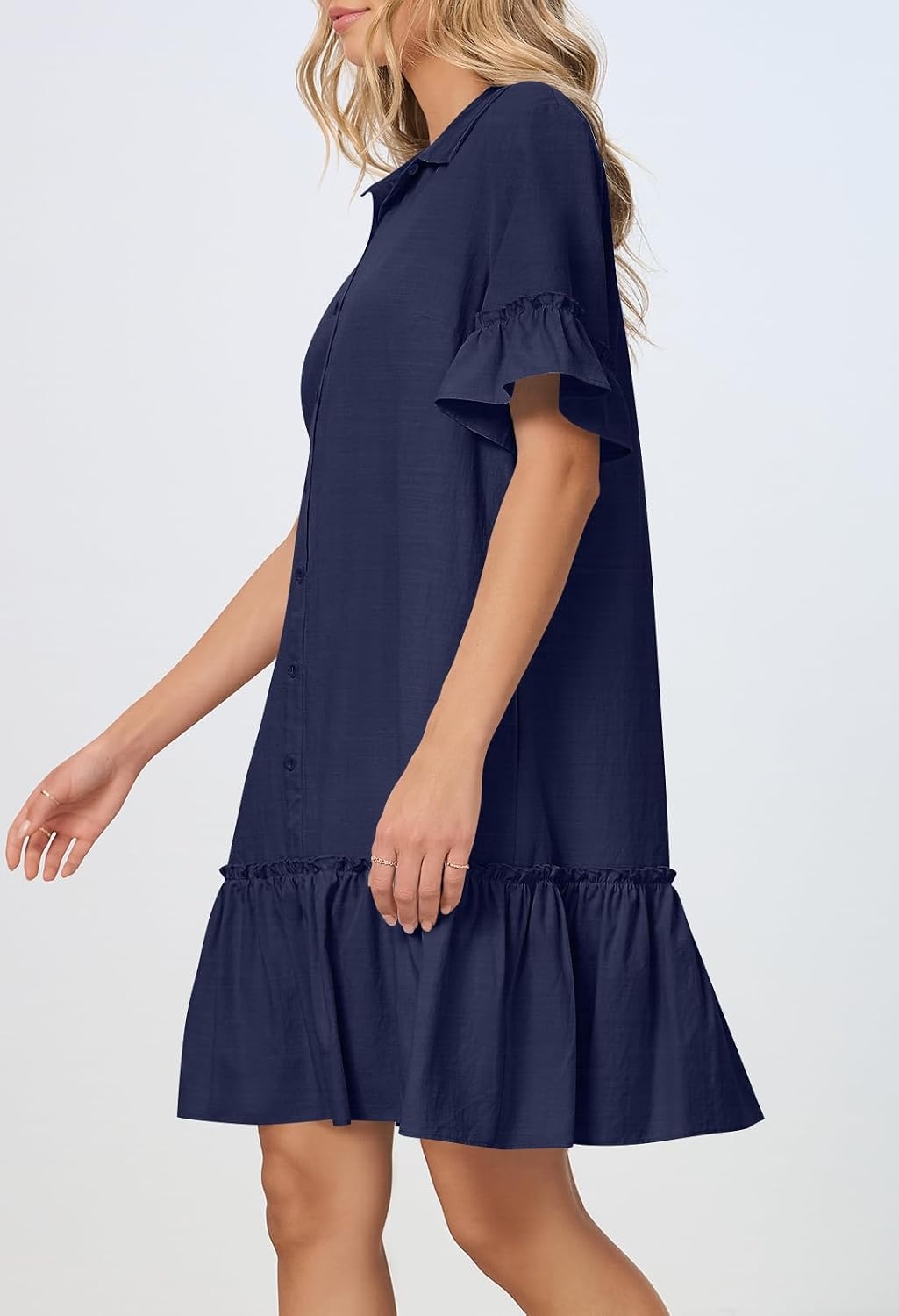 image:imageMEROKEETY Womens Summer Casual Tshirt Dress Button Down Shift Mini DressesNavy