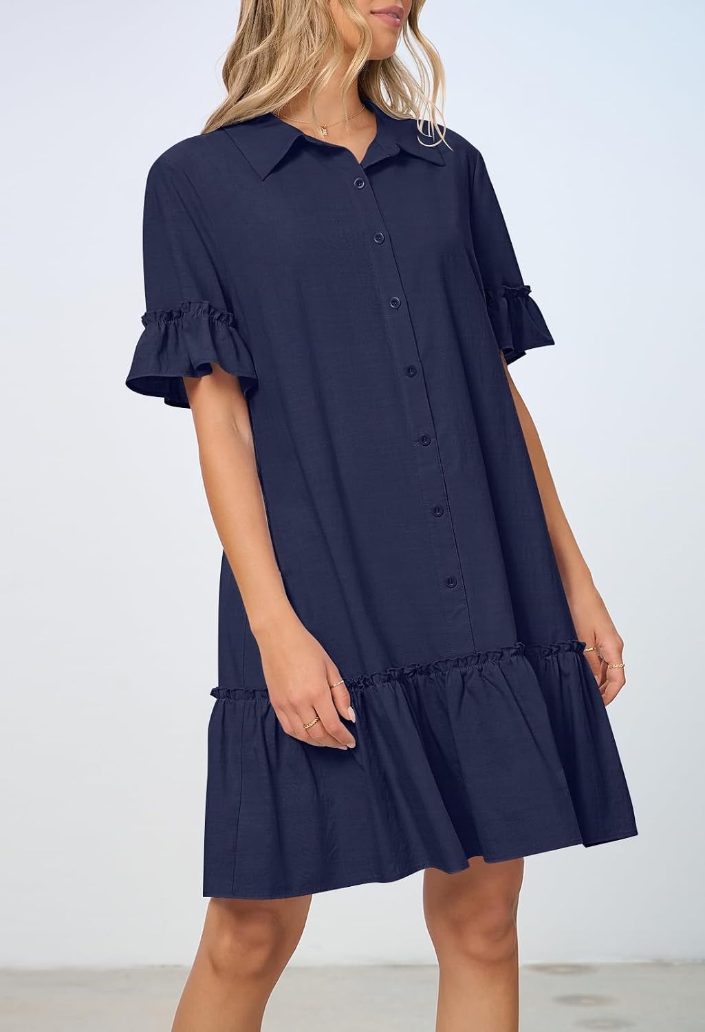 image:imageMEROKEETY Womens Summer Casual Tshirt Dress Button Down Shift Mini DressesNavy