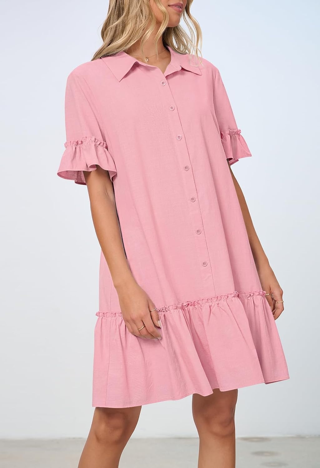 image:imageMEROKEETY Womens Summer Casual Tshirt Dress Button Down Shift Mini DressesPink